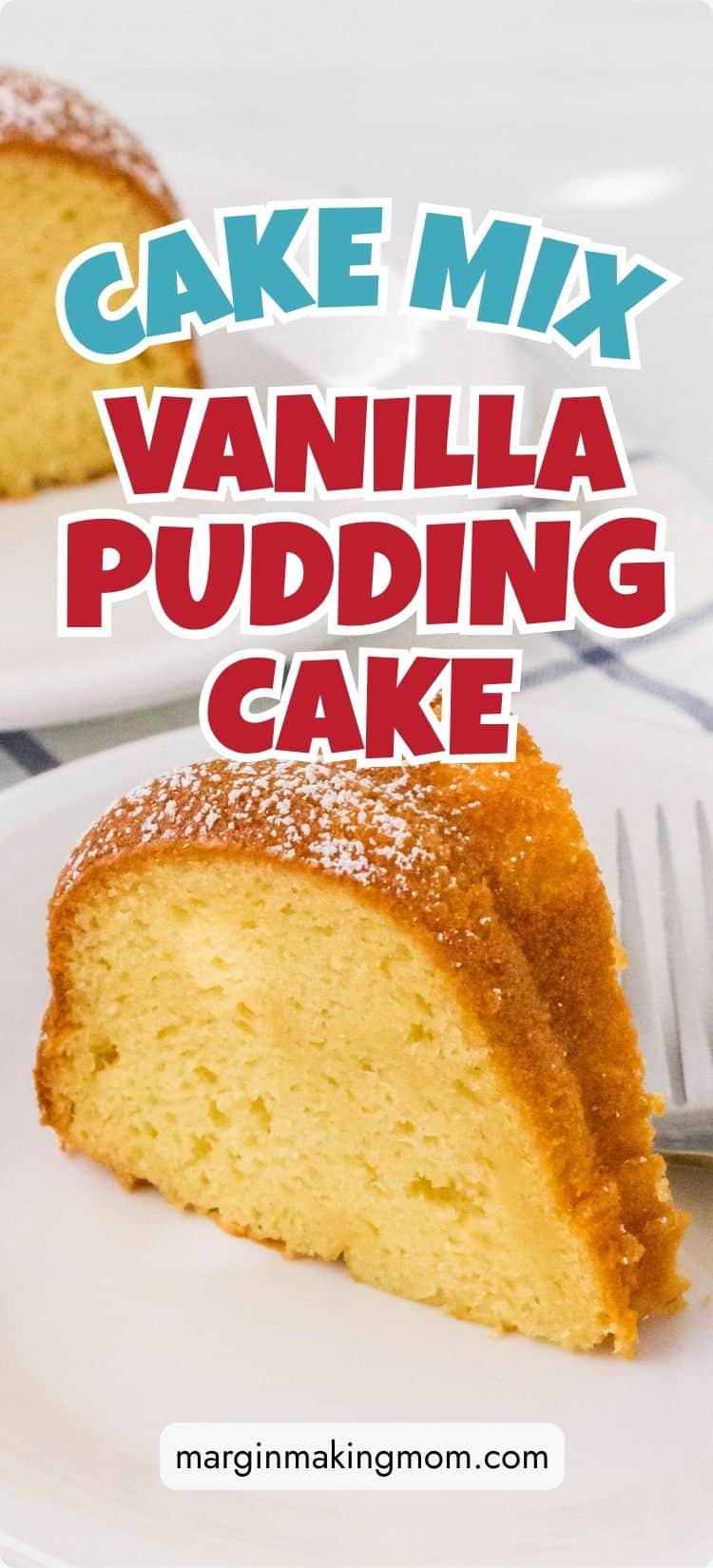 Slice of yellow cake made with vanilla pudding, served on a white plate.