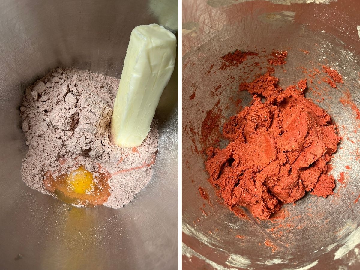 Two photos; one shows red velvet cake mix, stick of butter, and an egg in a mixing bowl. The other shows the ingredients mixed into a soft cookie dough.