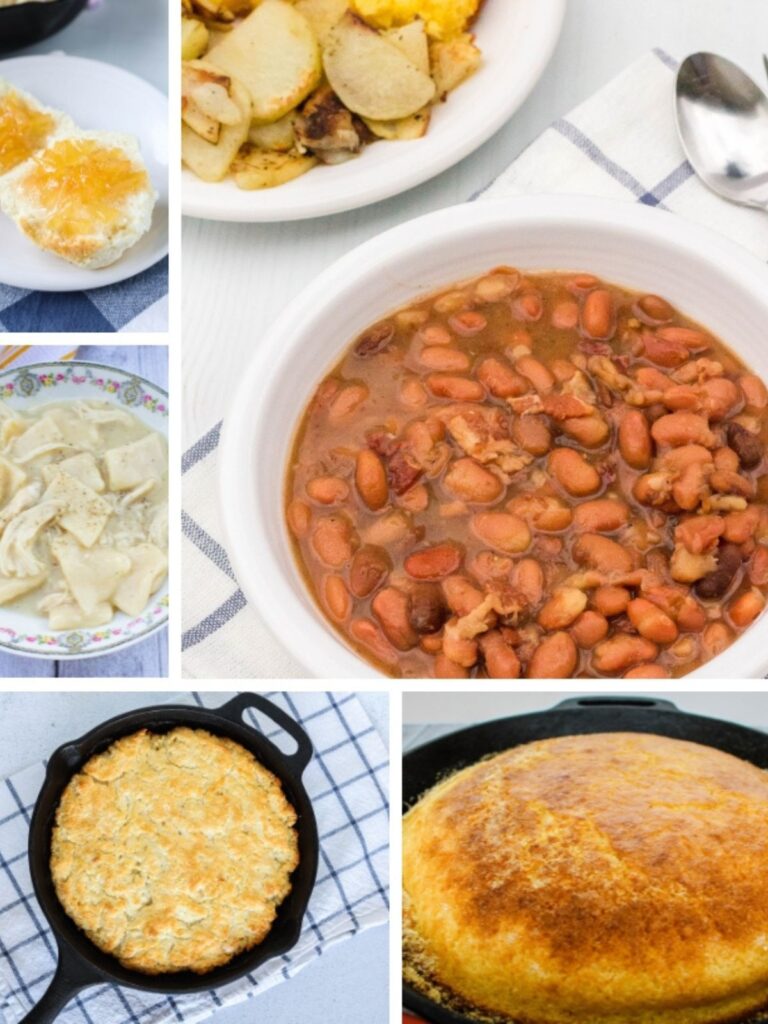 collage image featuring some of the best Appalachian recipes, including pinto beans and cornbread with fried potatoes, pone bread, chicken and dumplings, and cathead biscuits.