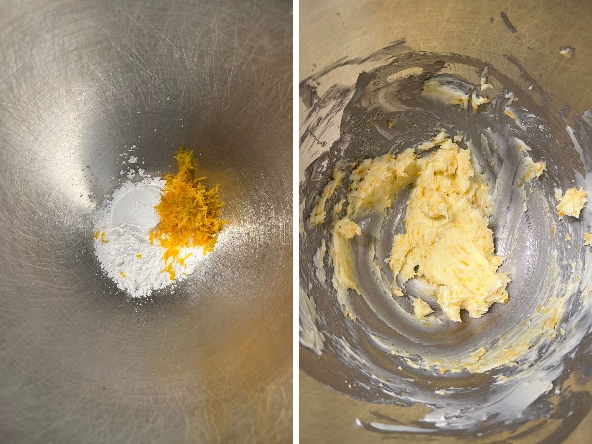 Two photos; one shows orange zest added to powdered sugar; the other shows those beaten together with butter.