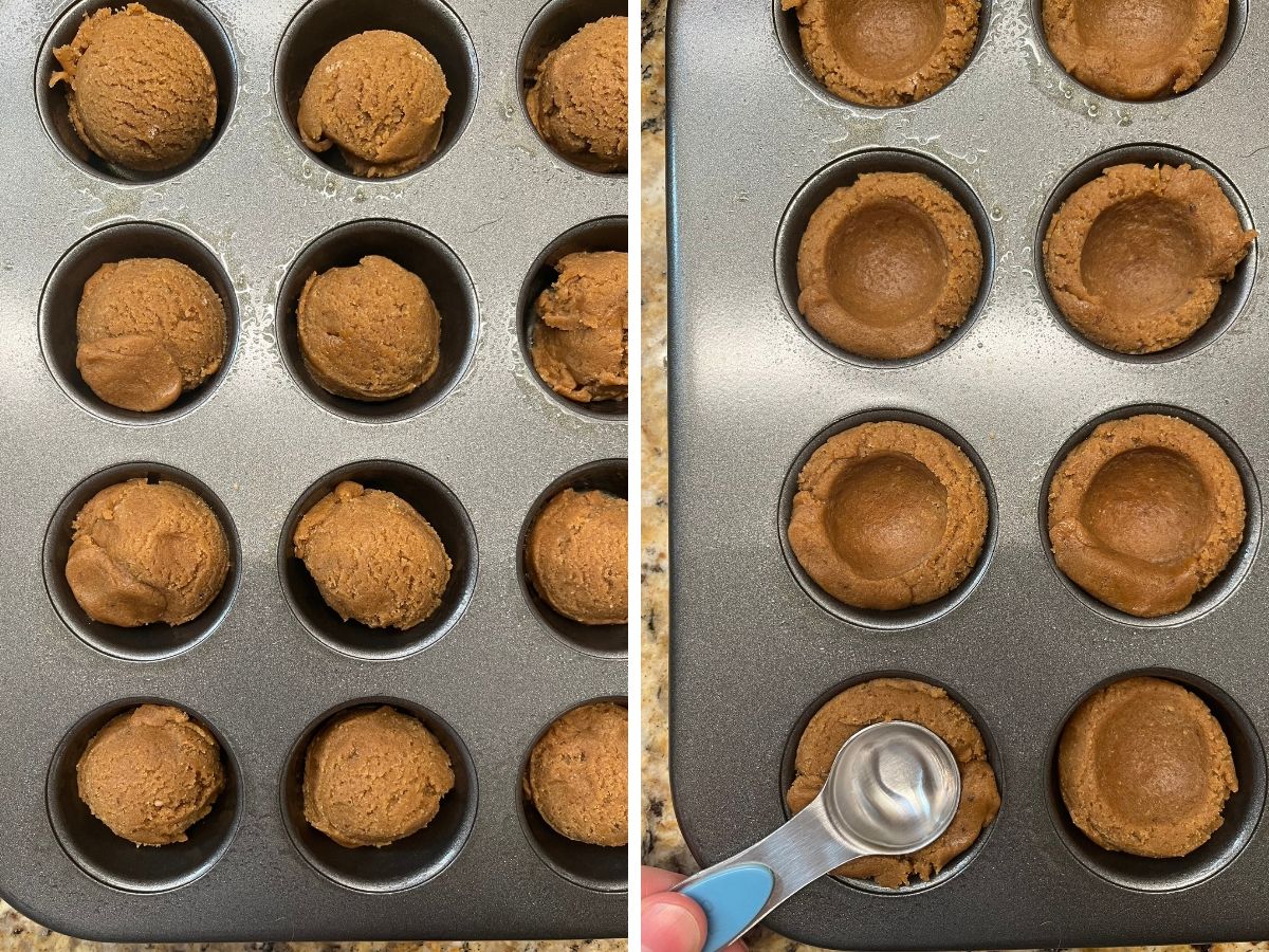 Two photos; one shows rounds of cookie dough in a mini muffin pan; the other shows a teaspoon being pressed into the dough balls to form cups.