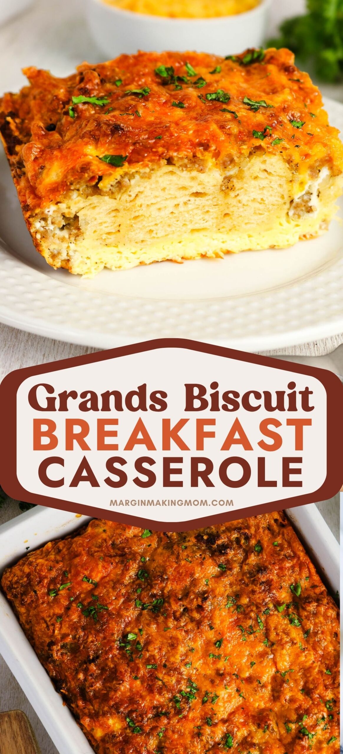 Two photos; one shows a slice of breakfast casserole made with canned biscuits, served on a plate. The other shows a white baking dish of the biscuit breakfast casserole.