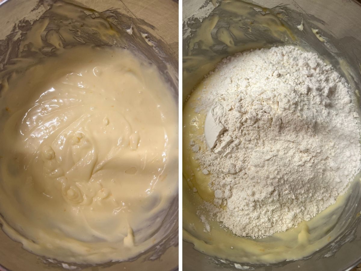 Two photos; one shows cake batter after mixing in the eggs; the other shows cake mix and flour added to the batter.
