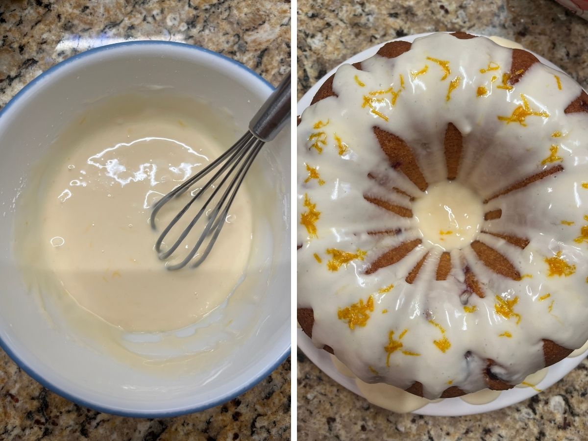 Two photos; one shows a whisk in a bowl of glaze for the cranberry orange cake; the other shows the glaze drizzled over the cake and orange zest sprinkled over the glaze.