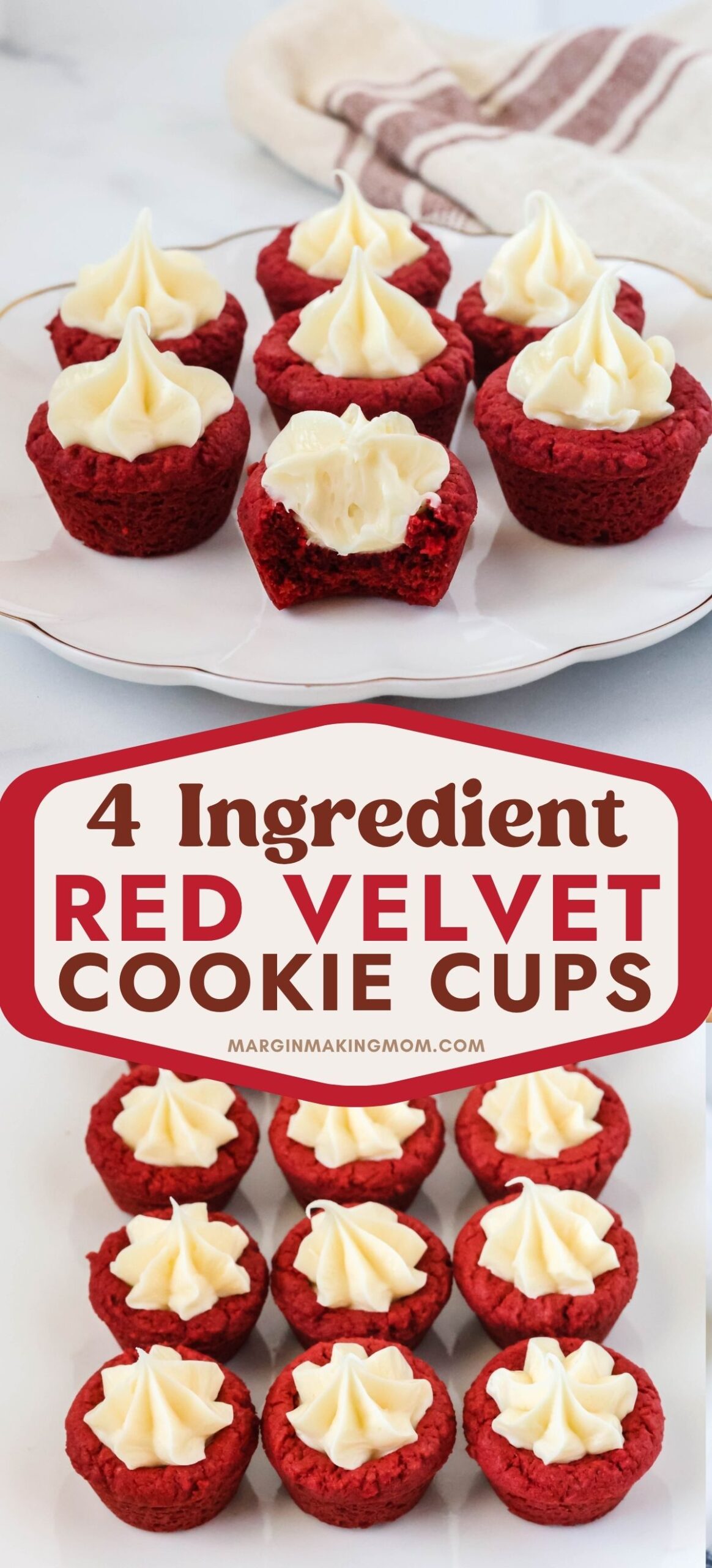 Two photos; one shows several cake mix red velvet cookie cups on a round white plate with scalloped edges. The other shows the tops of the cookie cups, as they're arranged on a white platter.