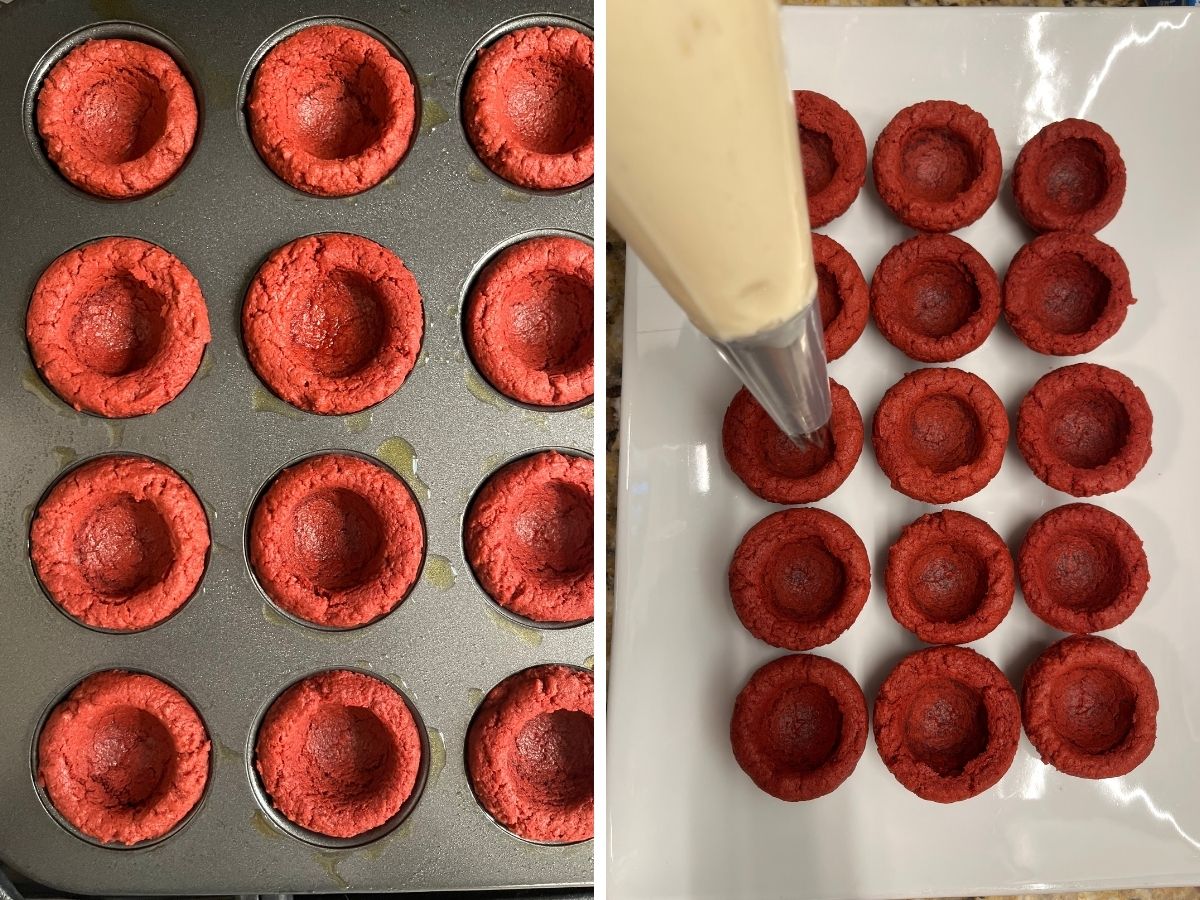 Two photos; one shows freshly baked red velvet cookie cups in the mini muffin pan, the other shows a piping bag piping frosting into the cookie cups.