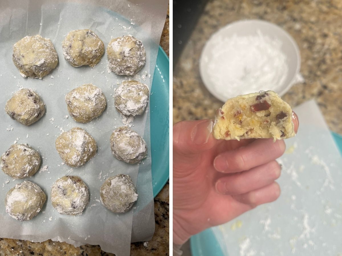 Two photos; one shows snowball cookies dusted in powdered sugar on a piece of parchment; the other shows a cranberry snowball cookie bitten in half to show the pieces of Craisins in the cookie.