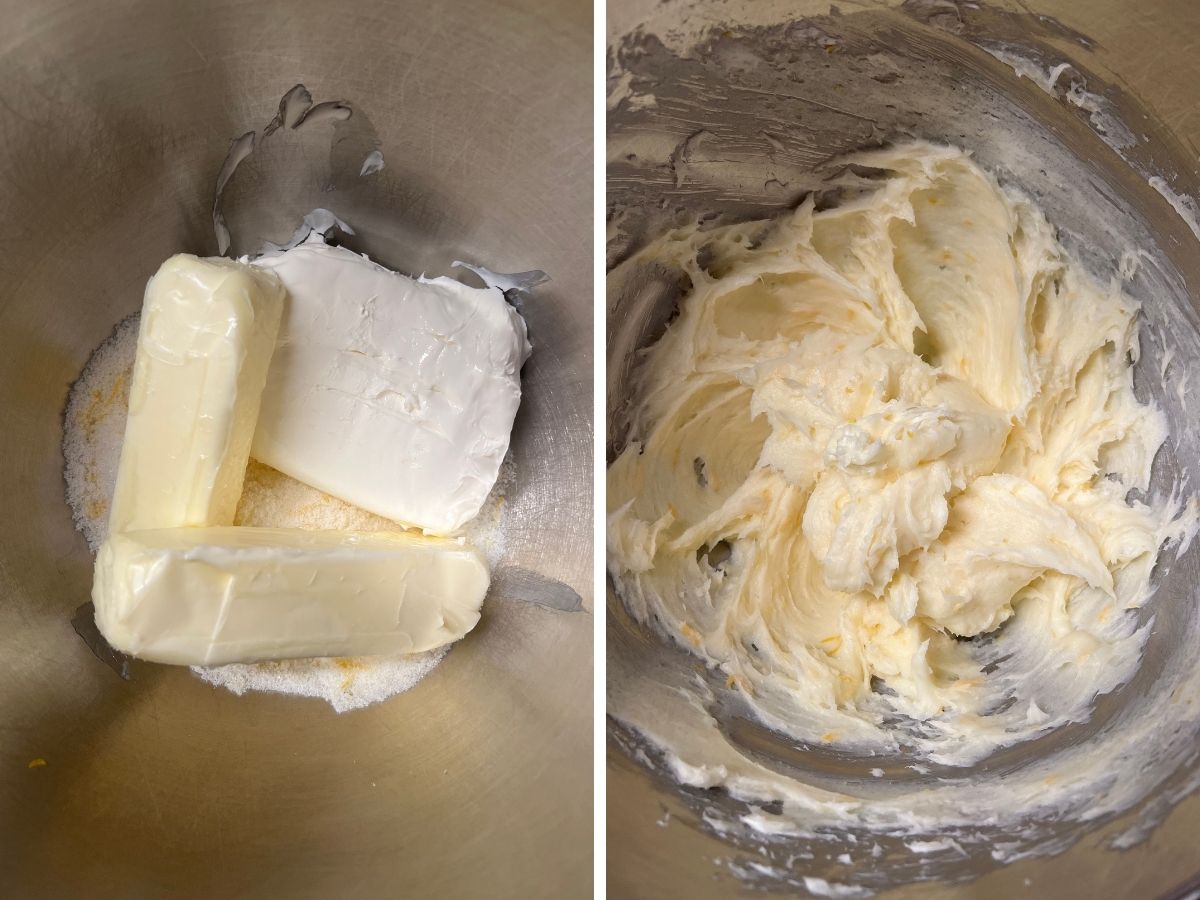 Two photos; one shows cream cheese and butter added to the orange zest and sugar mixture; the other photo shows those ingredients beaten together.