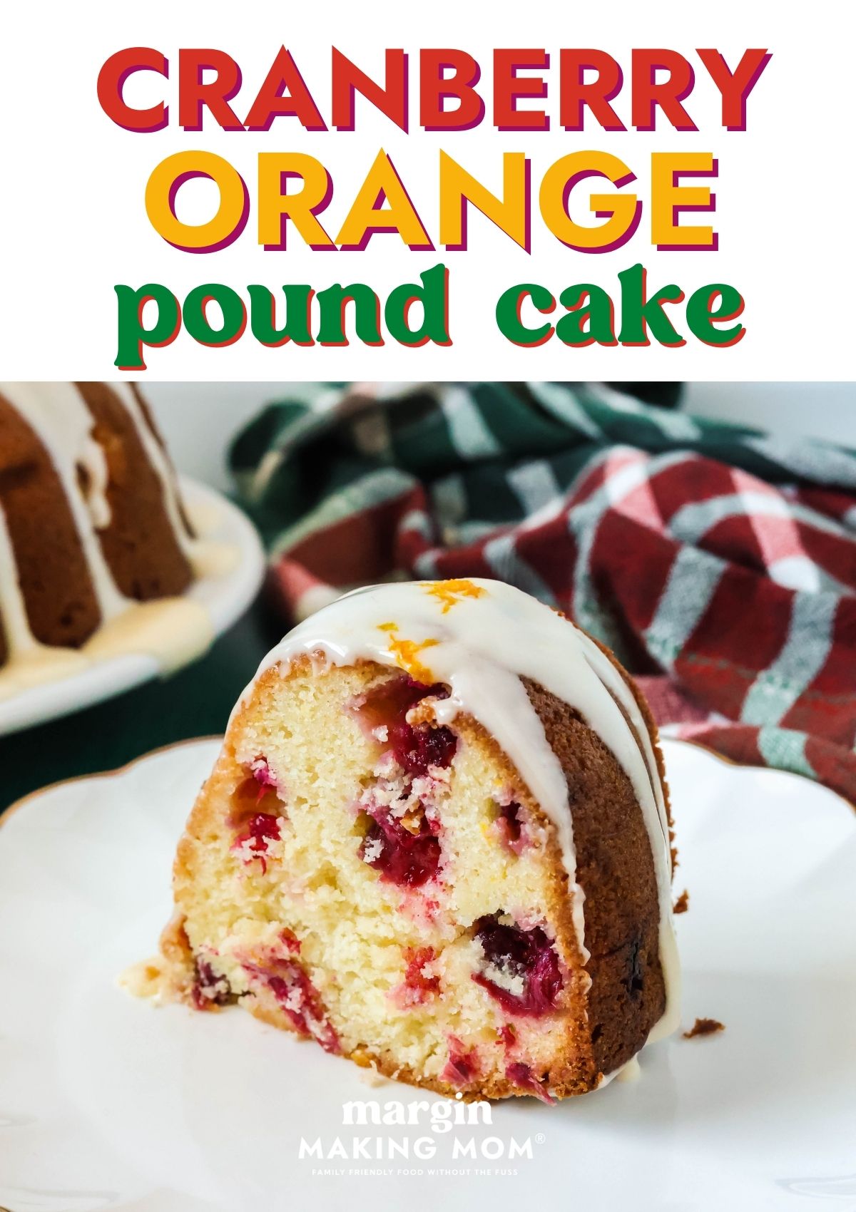 Slice of cranberry orange bundt cake made with a mix, topped with glaze and served on a white plate.