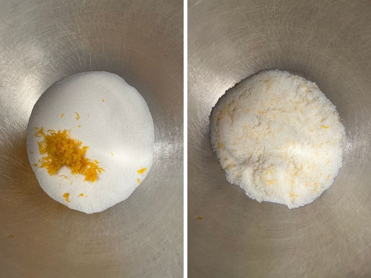 Two photos; one shows grated orange zest added to a bowl of sugar; the other shows the zest mixed into the sugar.