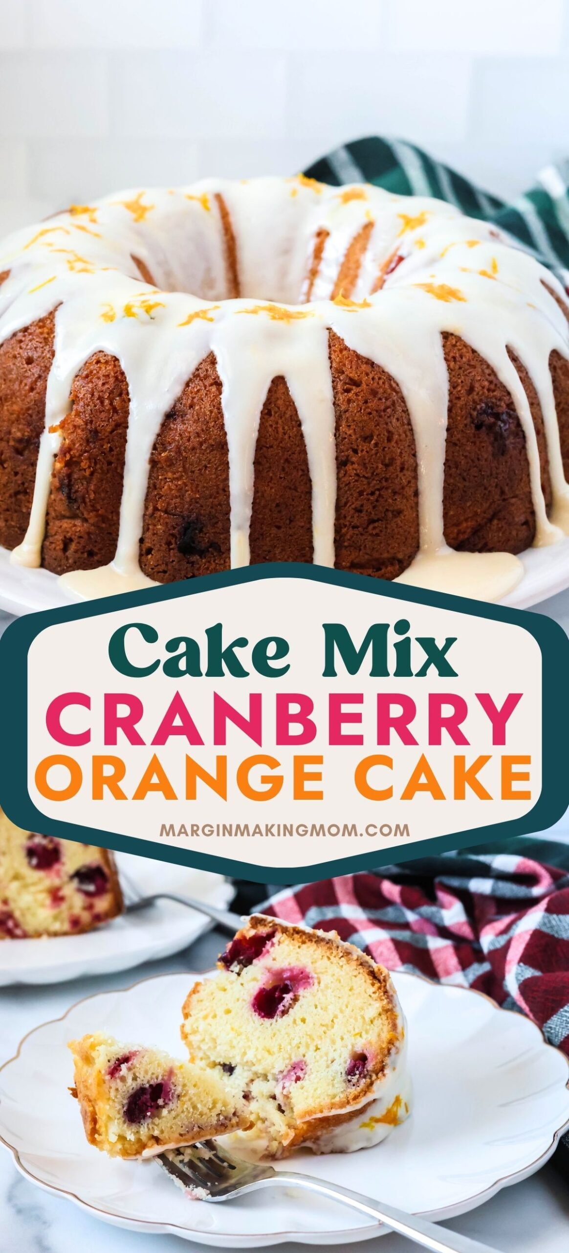 Two photos; one shows a whole cranberry orange bundt cake topped with glaze; the other shows a slice of the cranberry orange pound cake on a white plate, and a fork has cut a bite out of the slice of cake.