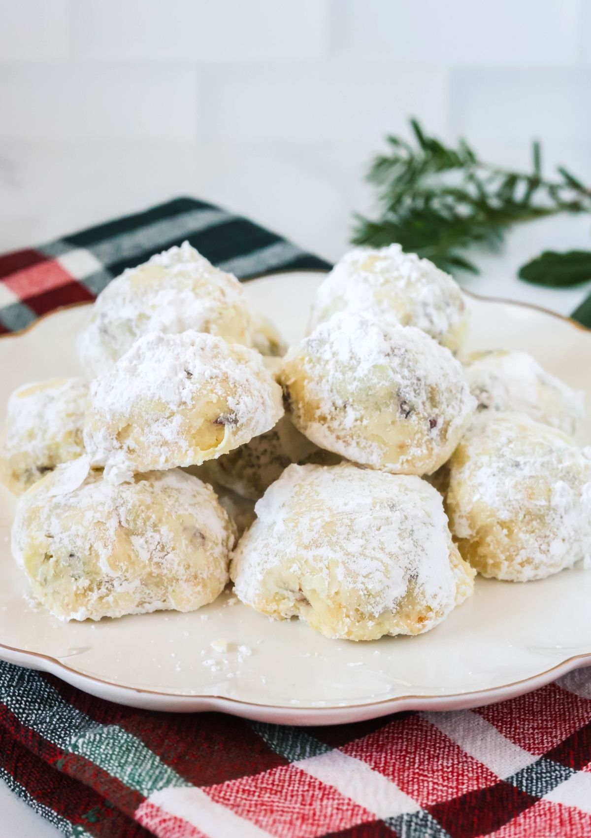 Cranberry orange shortbread cookies coated in powdered sugar are served on a white plate.