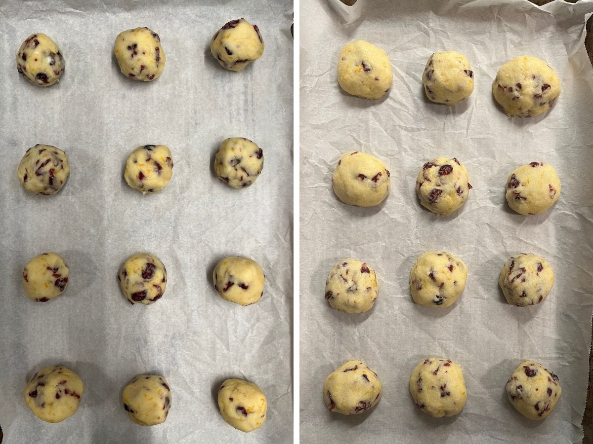 Two photos; one shows rounds of cranberry orange cookie dough on a parchment-lined baking sheet; the other shows the cookies after baking.