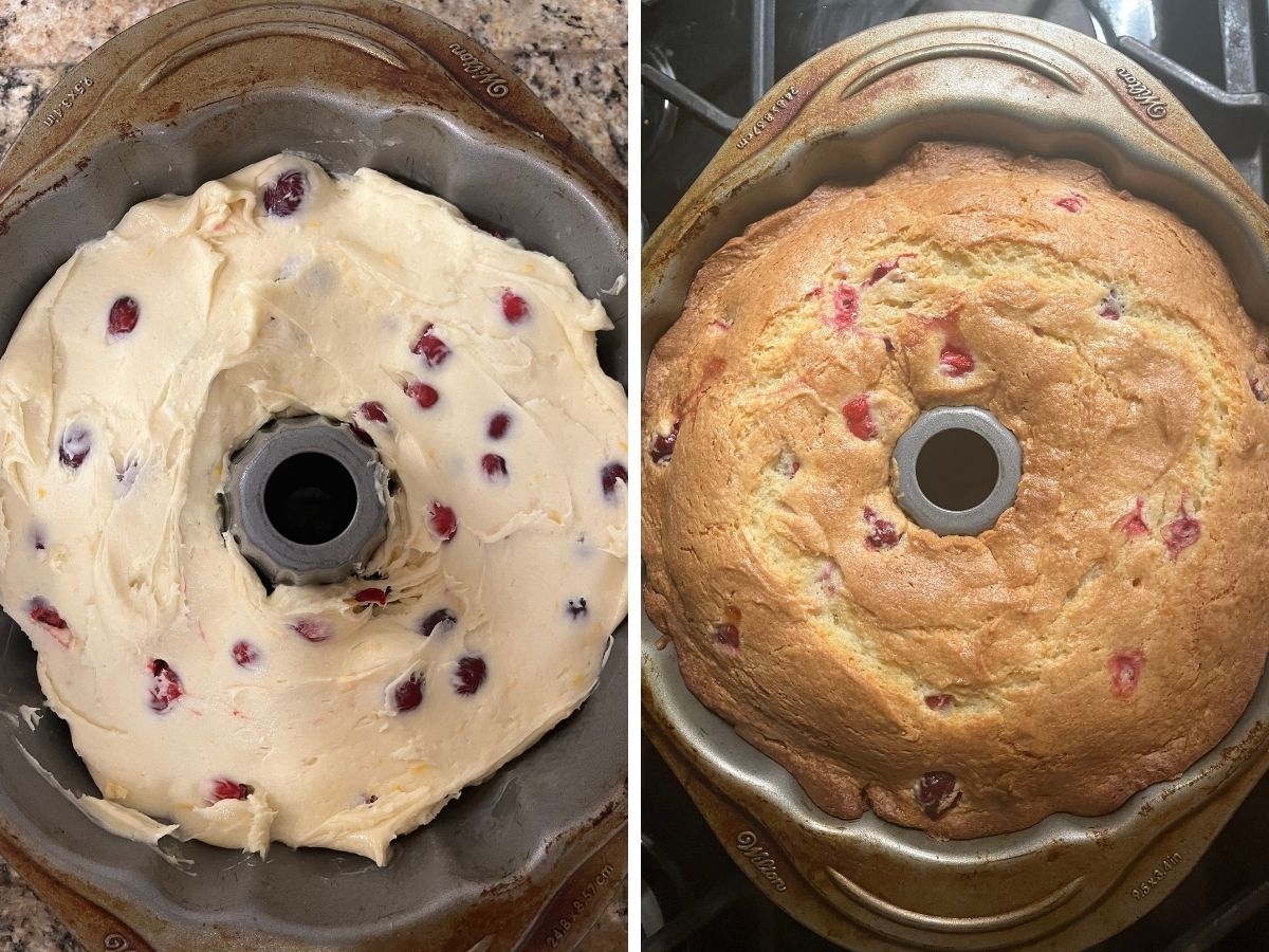 Two photos; one shows the cranberry orange cake batter spread in a bundt pan; the other shows the cake in the pan after baking.
