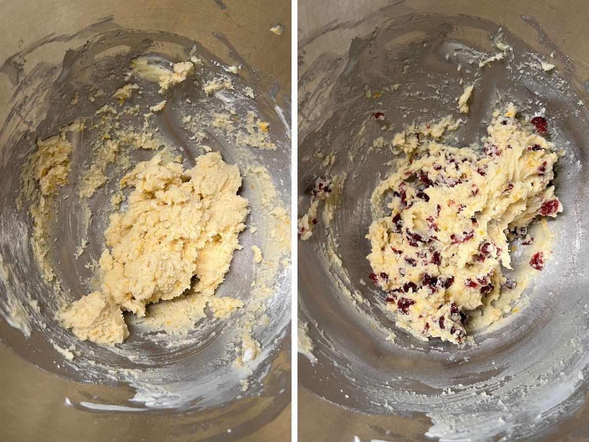 Two photos; one shows cookie dough in a mixing bowl; the other shows dried cranberries added to the dough.
