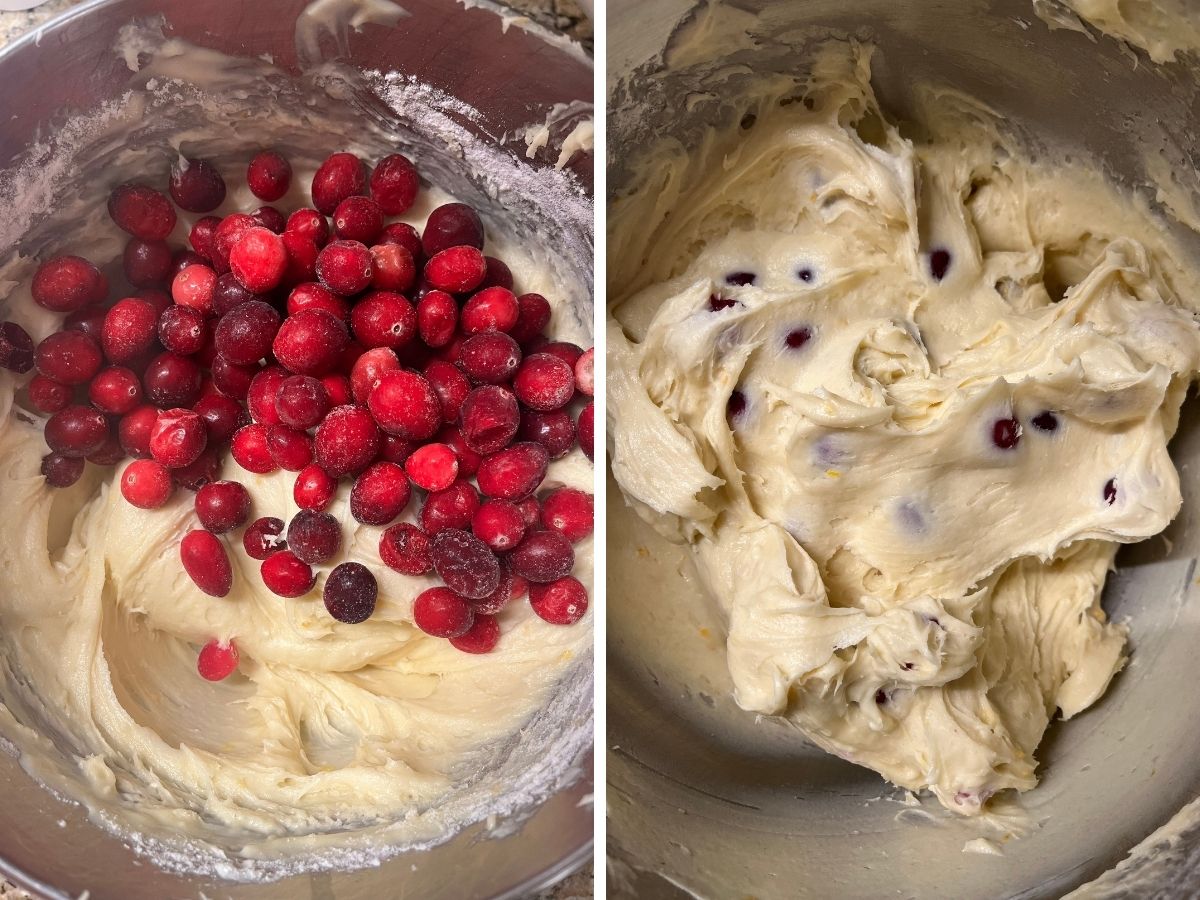Two photos; one shows whole cranberries added to the cake batter; the other shows the berries mixed into the batter.