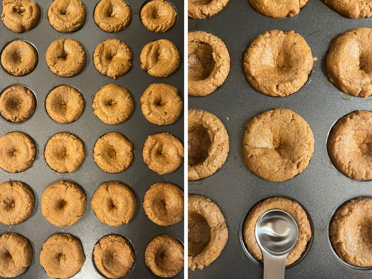 Two photos; one shows cookie cups immediately after baking, with puffed up centers. The other shows the teaspoon being pressed into the center of the cookies to create the cup shape.