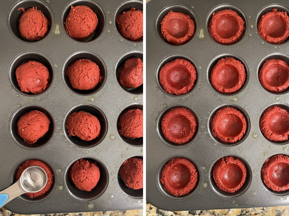 Two photos; one shows rounds of cookie dough in a mini muffin pan, with a round teaspoon pressing a well in each dough ball. The other shows the resulting cup-like shapes of the dough.