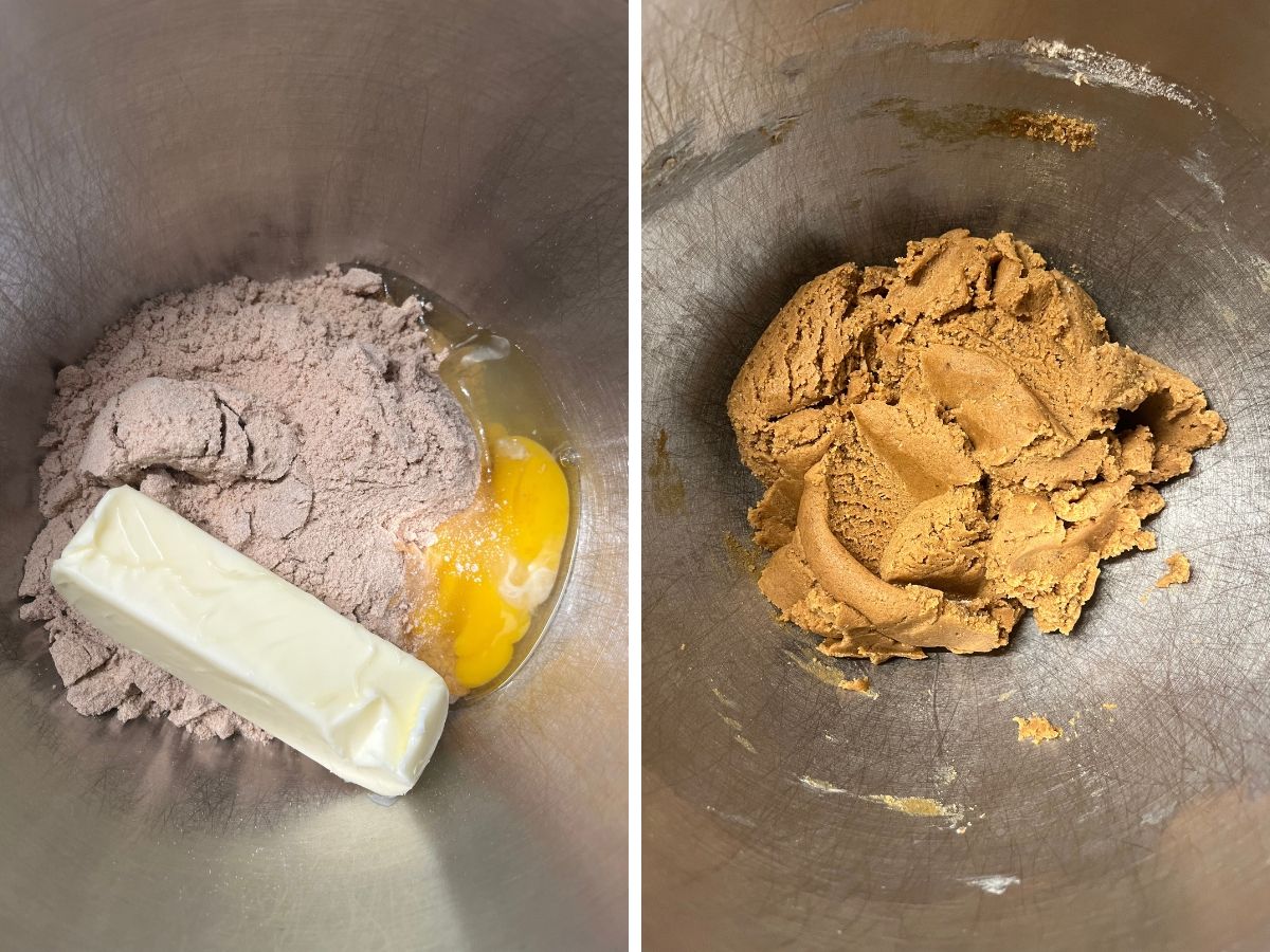 Two photos; one shows gingerbread cookie mix, butter, and egg in a mixing bowl; the other shows the ingredients mixed into cookie dough.