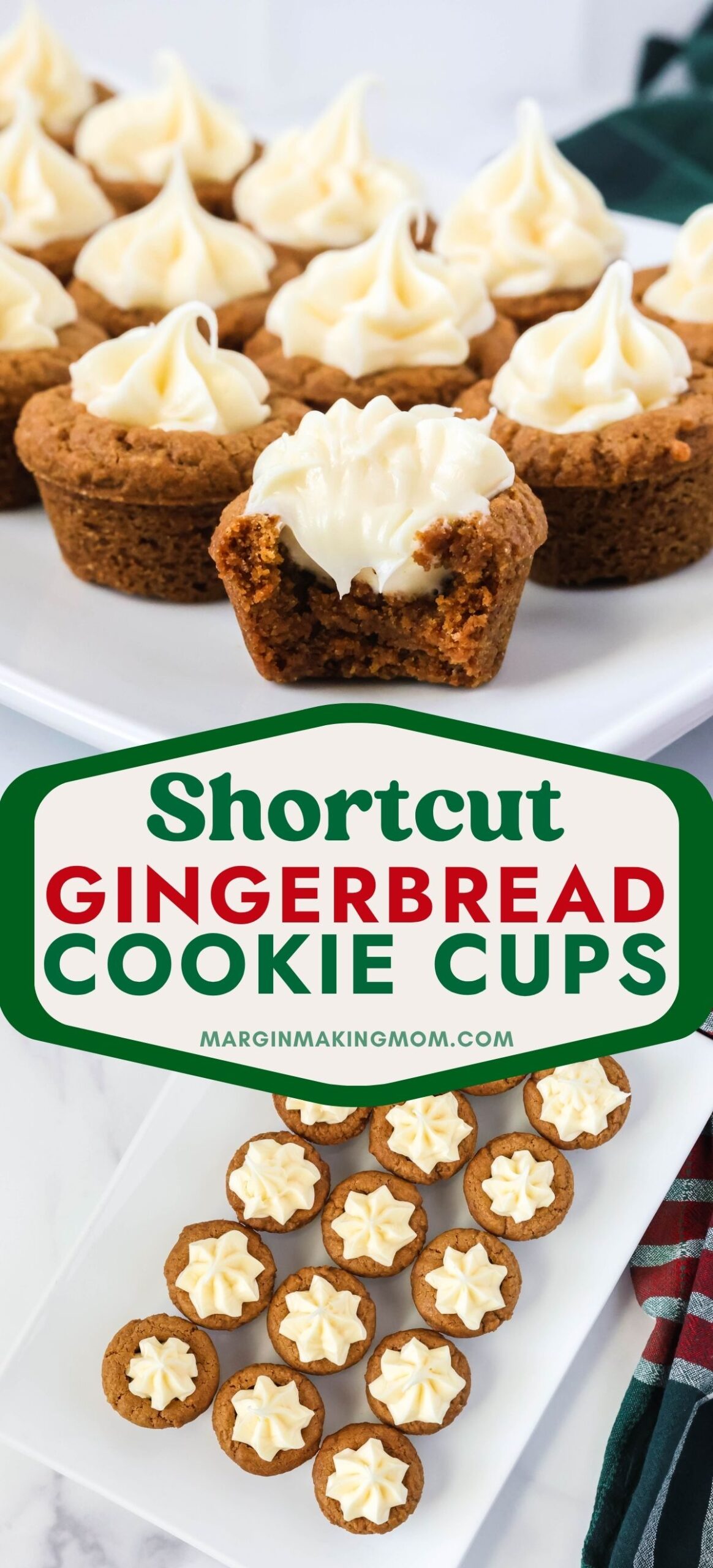 Two photos; one shows the side view of several gingerbread cookie cups with frosting, served on a white plate. One cookie cup has a bite taken out of it. The other photo is an overhead view of the Christmas cookie cups on a white platter.