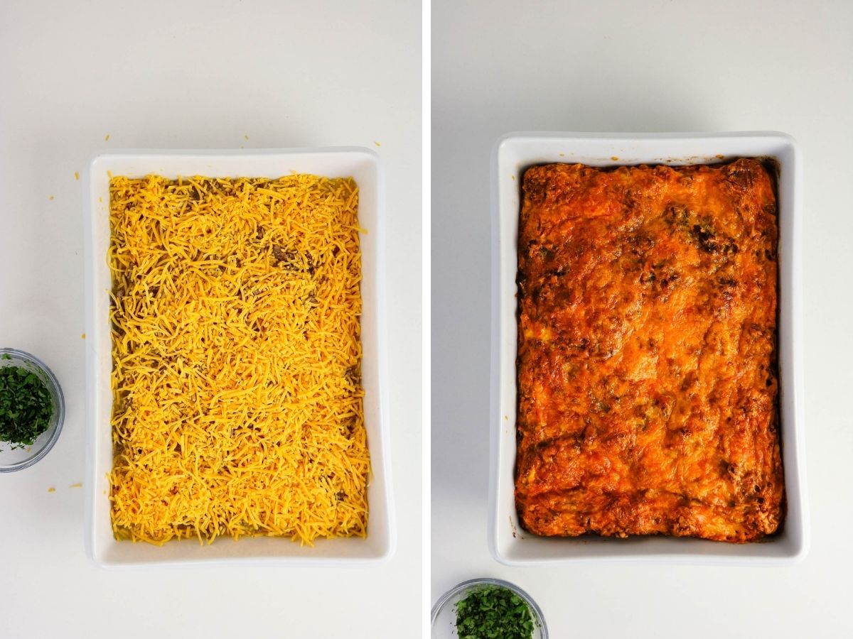 Two photos; one shows shredded cheese sprinkled over the sausage, egg, and biscuit mixture in a baking dish. The other shows the casserole after it's baked.