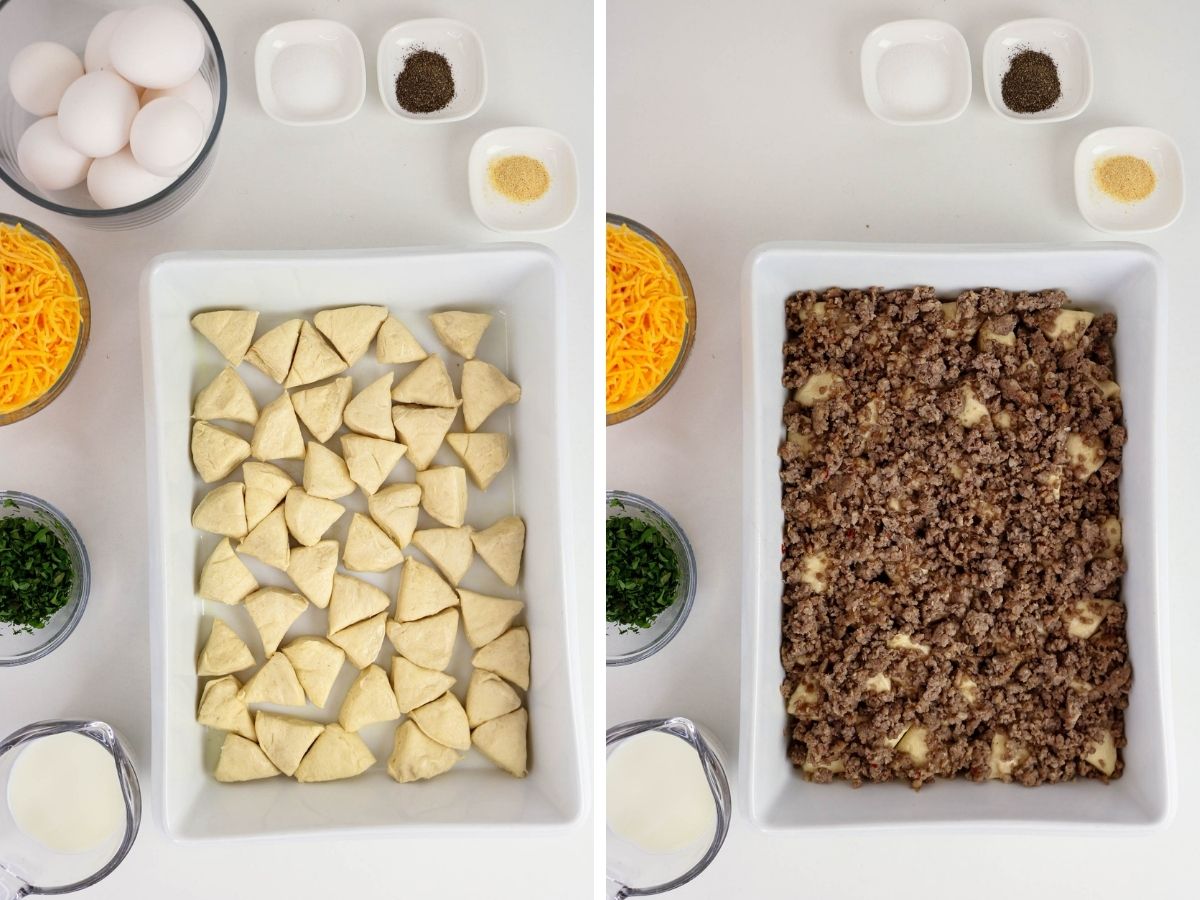 Two photos; one shows cut pieces of refrigerated biscuit dough in a baking dish; the other shows cooked breakfast sausage sprinkled over the biscuit dough pieces.