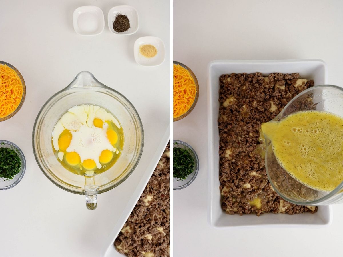 Two photos; one shows eggs and milk in a large liquid measuring cup; the other shows the egg mixture being poured over the sausage and biscuit mixture in a baking dish.