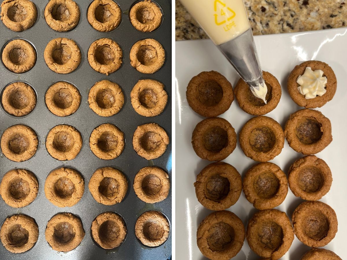 Two photos; one shows cooled gingerbread cookie cups in the muffin pan; the other shows a piping bag piping frosting into the cookie cups.