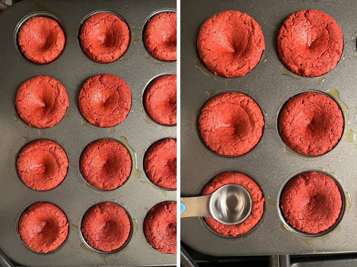 Two photos; one shows freshly baked red velvet dessert cups that are puffed up slightly; the other shows a round teaspoon pressing into the centers to create a cup-like shape.